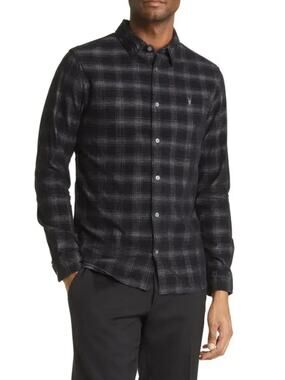 All Saints Men’s Eastburn Plaid Corduroy Button Up Shirt size XS Black Gray
